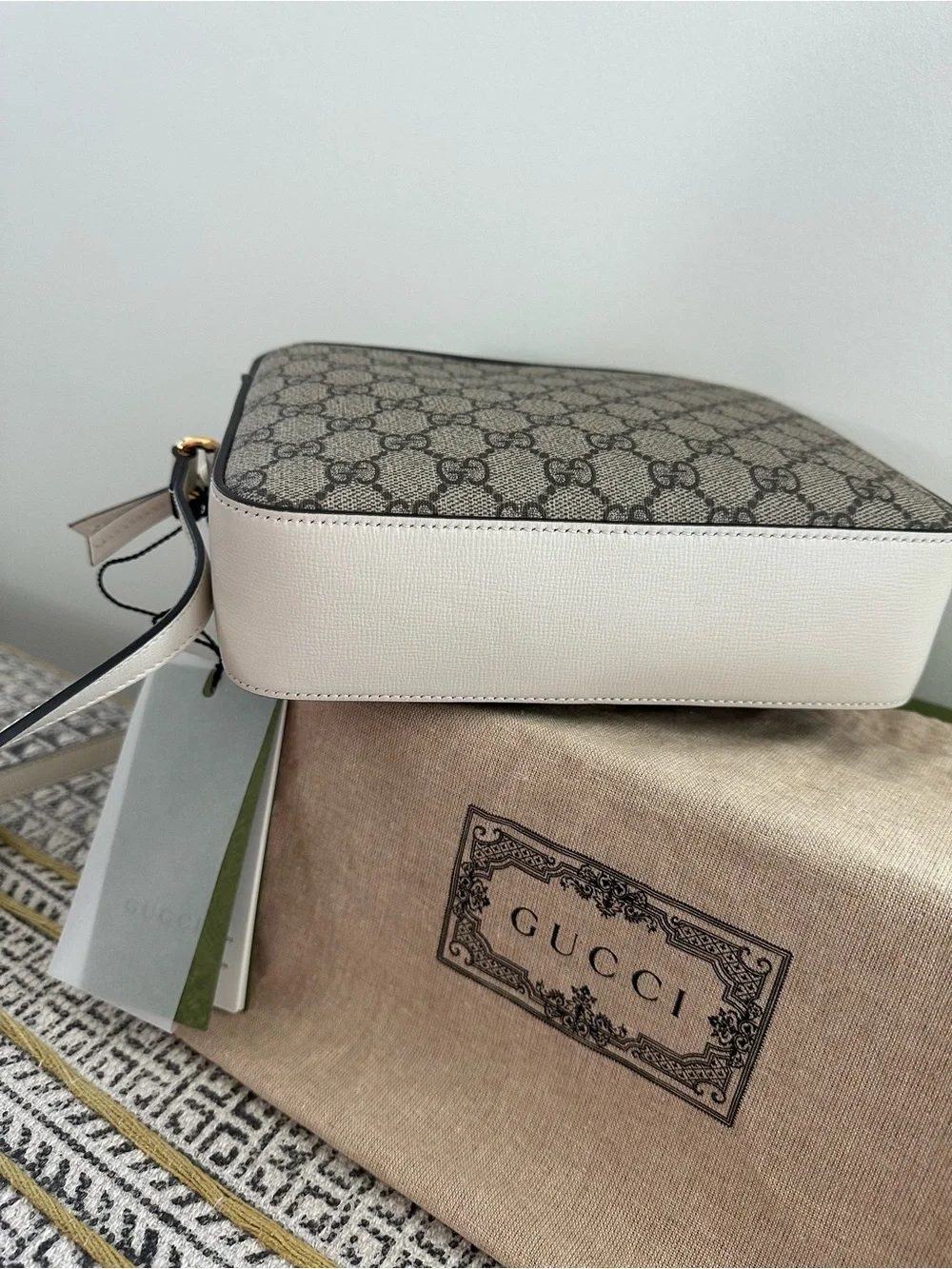 Gucci GG Supreme Canvas Crossbody with Cream Leather Flap and Gold Horsebit